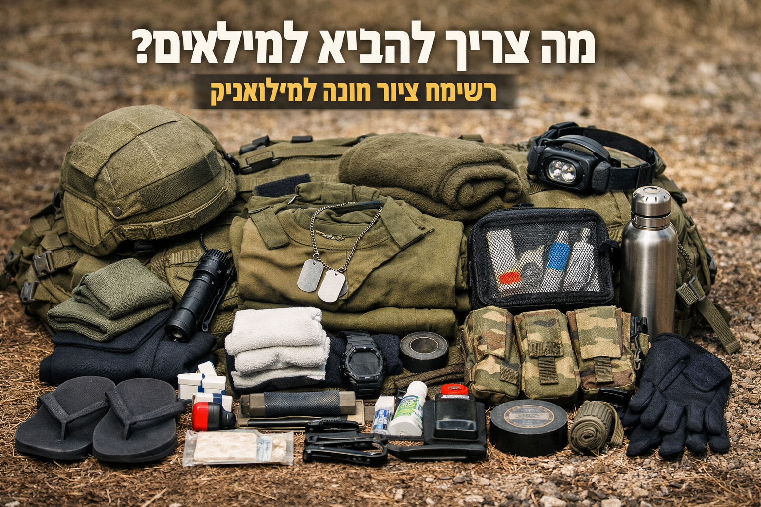 ציוד למילואים מסודר על תיק טקטי כולל פנס, בגדים וציוד שטח