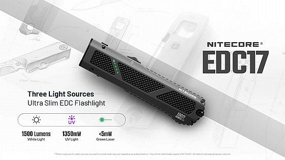 פנס יד נטען 1500 לומן EDC17 – לייזר ירוק, UV ושובר חלונות